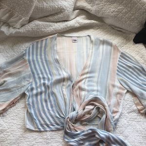 Tie front striped top